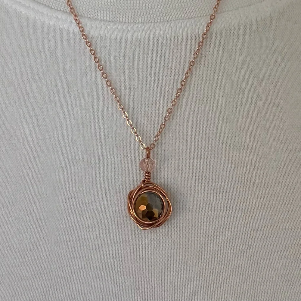 Iridescent Rose Gold Crystal Wire-Wrapped Pendant Necklace